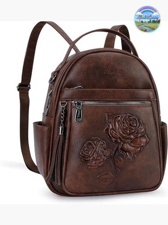 Embossed Faux Leather Mini Backpack Purse with Floral Design, Water Resistant main image 4